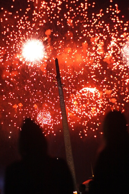 Silhouettes of people looking at colorful red salute explosions in the sky. Holidays concept