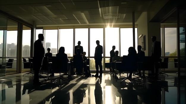 Silhouettes of people in a meeting room with a window behind them