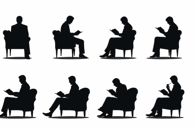 Photo silhouettes of people sitting in chairs reading and reading books generative ai