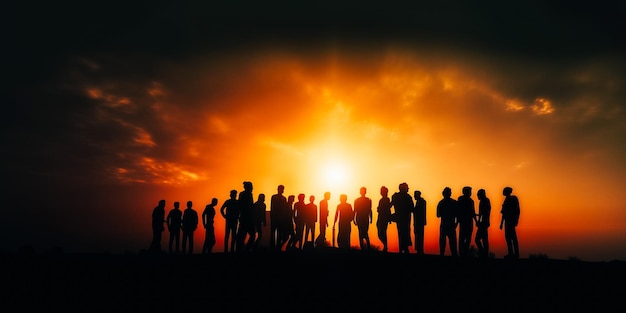 Silhouettes of people standing on a hill at sunset