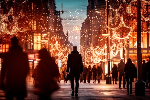 silhouettes of people walking amidst holiday lights and decorations in a bustling urban setting