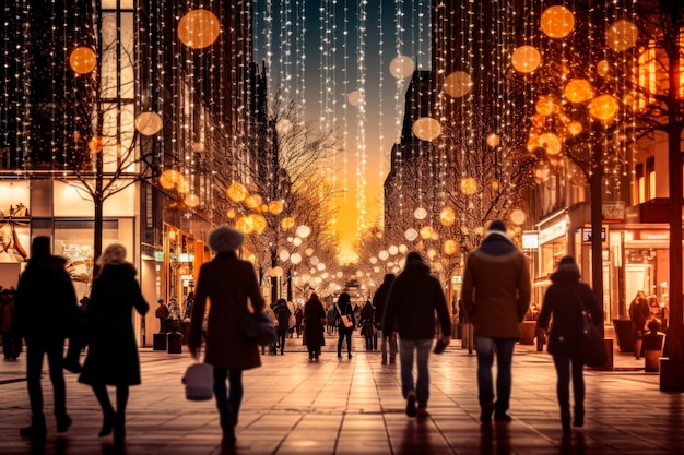 賑やかな都会の雰囲気の中で、クリスマスのイルミネーションや装飾の中を歩く人々のシルエット