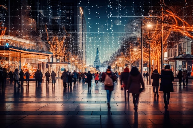 silhouettes of people walking amidst holiday lights and decorations in a bustling urban setting