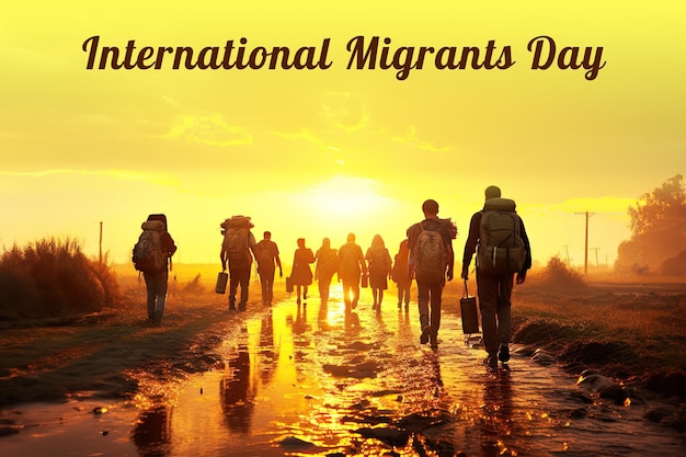 silhouettes of people walking with backpacks for International Migrants Day