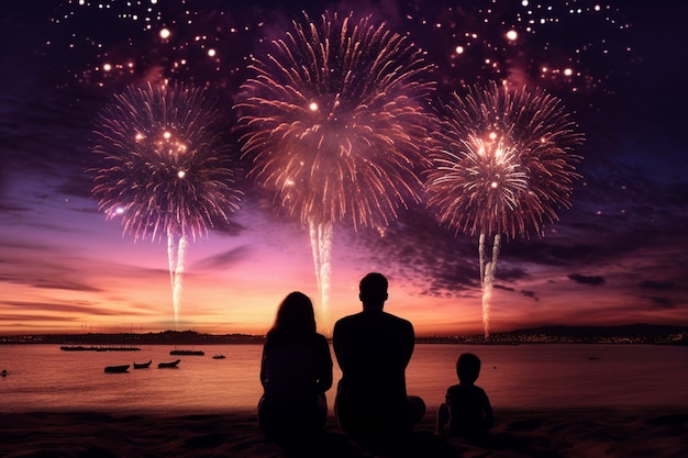 Silhouettes of people watching fireworks on a beac 00679 01