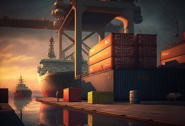 Silhouettes of port cranes at stunning red sunset Cargo ship terminal at sunset Generative AI