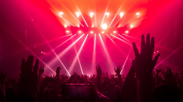 Silhouettes of raised hands at a music concert. Party at the nightclub