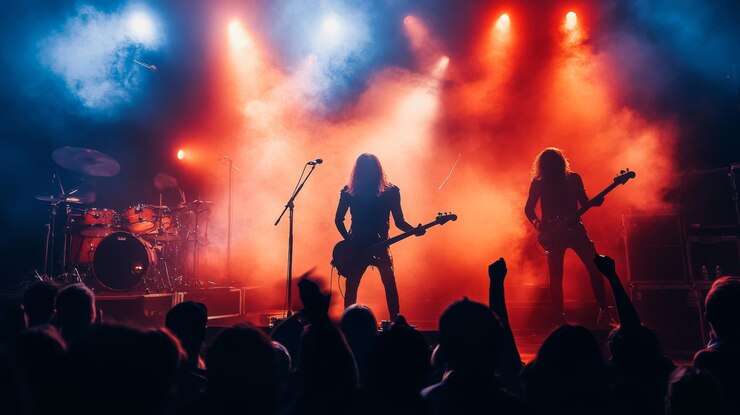 Photo silhouettes of rock band performing on stage with red and blue lighting smoke and a cheering crowd