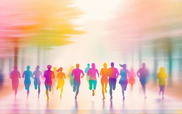 Silhouettes of running people on a blurred background
