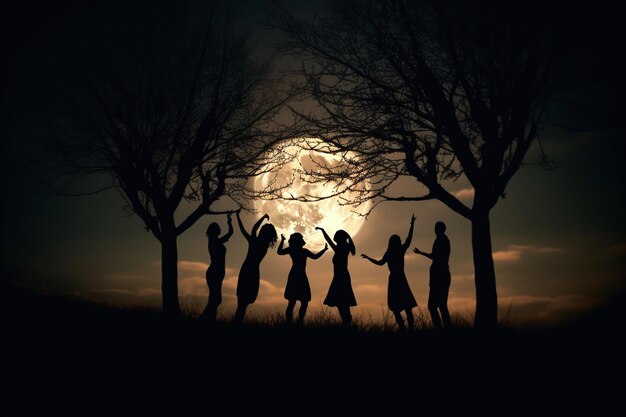 silhouettes shadows of people on a full moon against a night background dancing or performing ritual