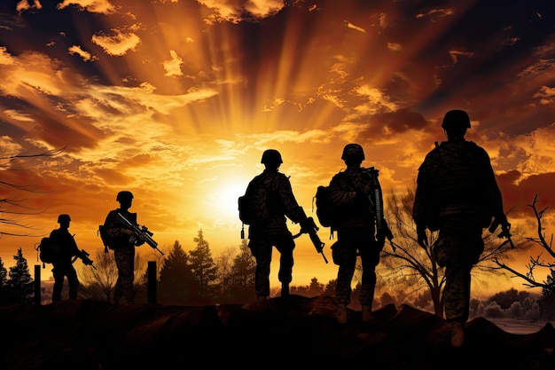 Silhouettes of soldiers on the background of the setting sun