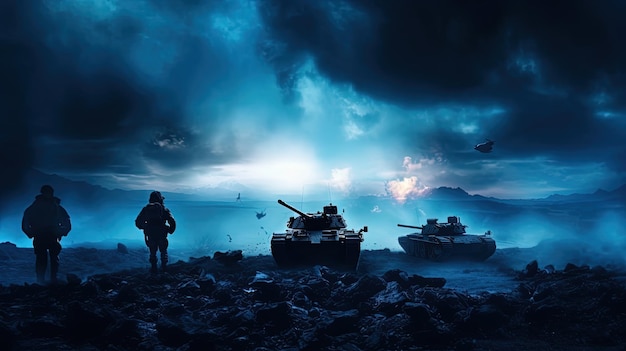 Photo silhouettes of soldiers fighting in war with tanks and armored vehicles below a cloudy skyline at night