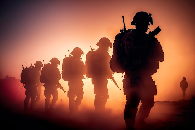 Silhouettes of soldiers in the fog Generative AI