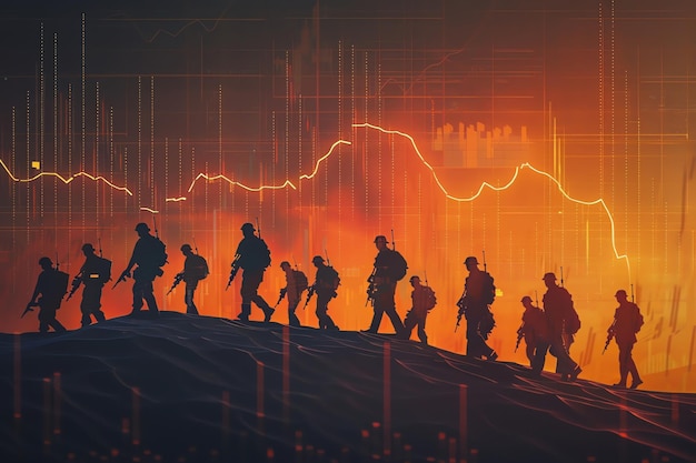 Silhouettes of soldiers marching across a graph showcasing historical stock market crashes and surges in times of world war