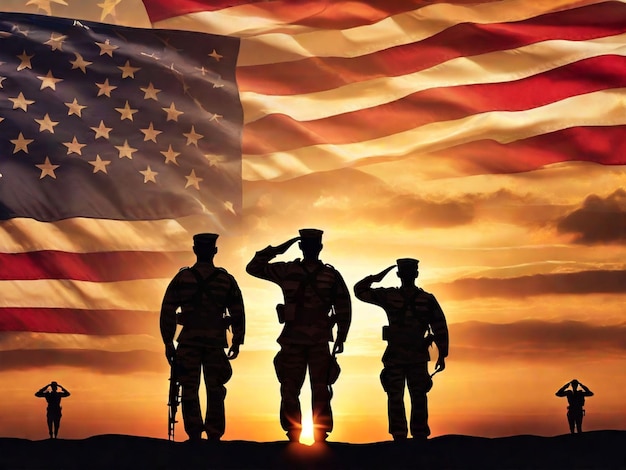 Silhouettes of soldiers saluting the US flag