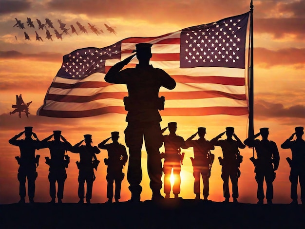 Silhouettes of soldiers saluting the US flag