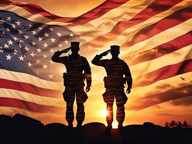 Silhouettes of soldiers saluting the US flag