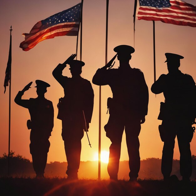 Silhouettes of soldiers saluting the US flag