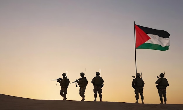 Silhouettes of soldiers with Palestine flag and flying birds against the sunrise in the desert