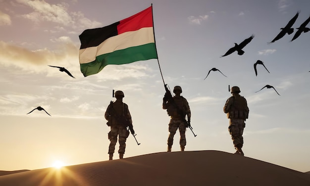 砂漠の日の出を背景にパレスチナの旗を持つ兵士と飛んでいる鳥のシルエット