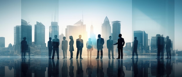 Silhouettes of some business people in front of the modern city background