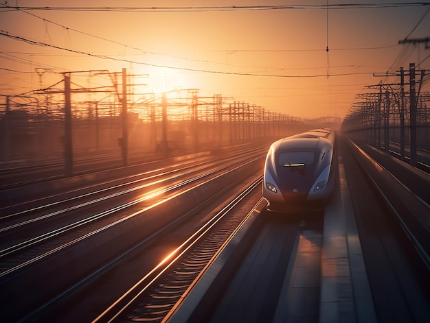 Silhouettes of Speed Bullet Trains at Sunset