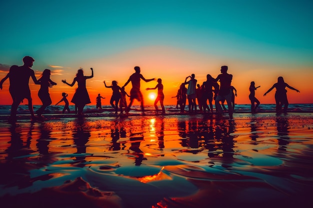 Силуэты качаются в ярком закате на тропической пляжной танцевальной вечеринке, олицетворяющей летнюю радость