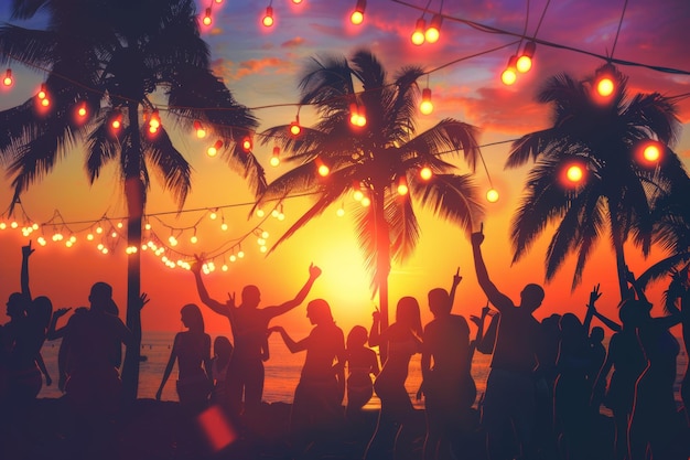 Photo silhouettes sway in a vibrant sunset at a tropical beach dance party epitomizing summer joy