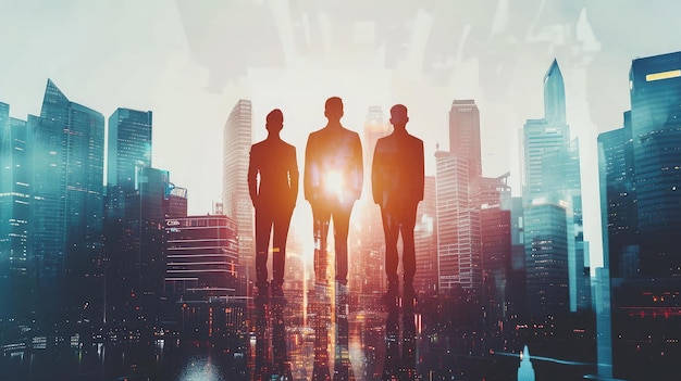 Silhouettes of three confident managers standing together in blurry abstract city with double exposure of cityscape and their team Concept of leadership and international business Toned image