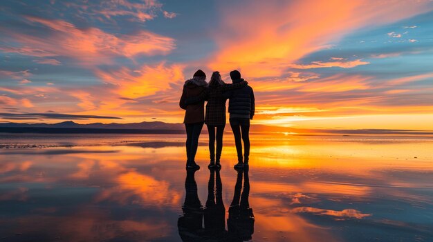 夕暮れの反射的なビーチに立っている3人のシルエット