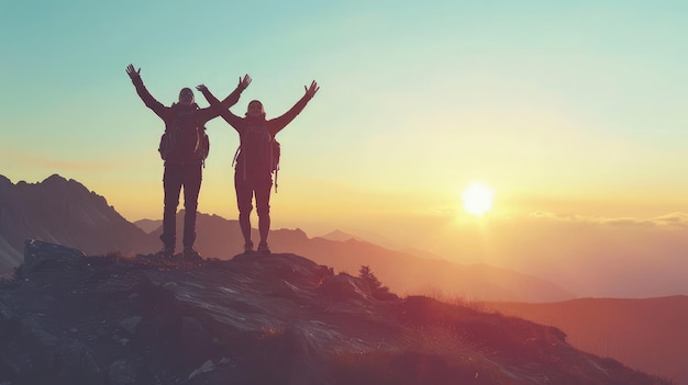 Silhouettes of two happy hikers in winner poses with raised arms are standing on mountain top