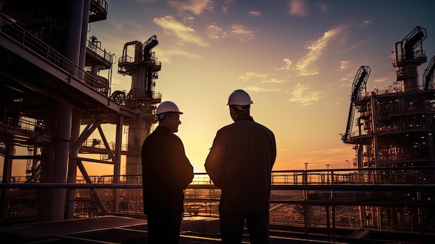 Photo silhouettes of two industrial engineers discussing a business plan the back of the oil rig