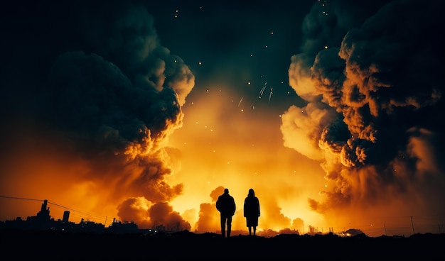 Silhouettes of two people looking at bombed city at night Cityscape in fire with smoke rising up Generative AI