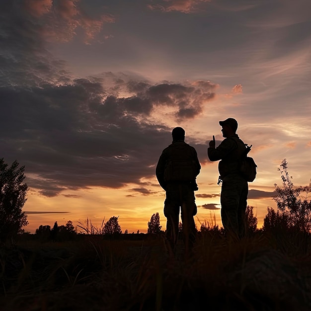 夕焼け空を背景に力強く立つ 2 人の兵士のシルエット