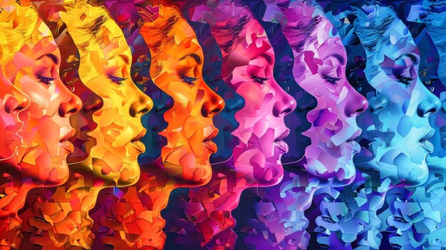 Photo silhouettes of various womens faces in a vibrant array of colors