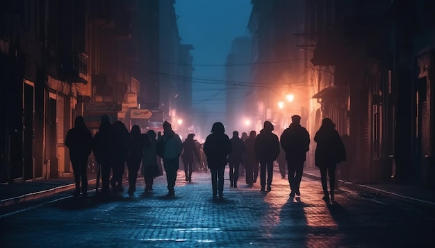 Silhouettes walking in the foggy city night generated by AI