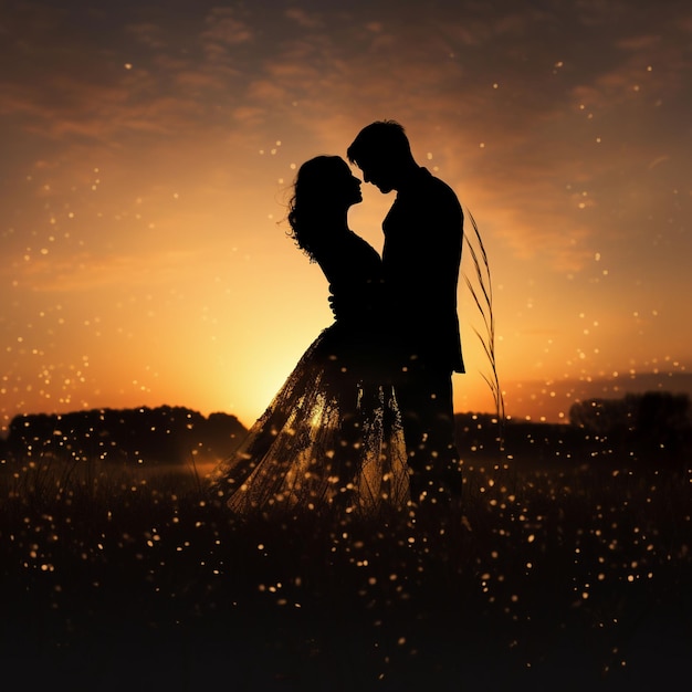 Silhouettes of a wedding couple standing on eveninng