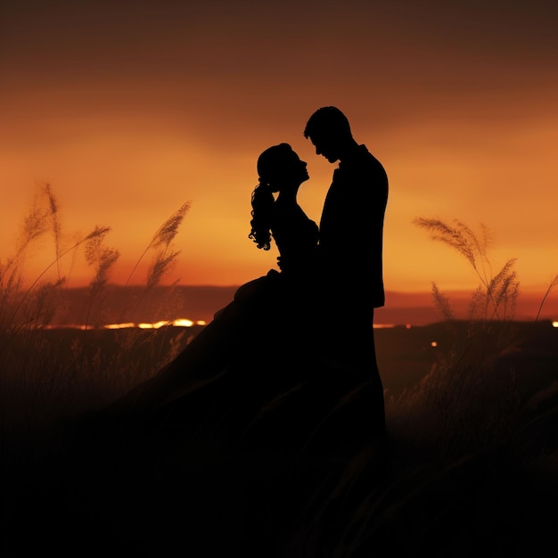 Silhouettes of a wedding couple standing on eveninng