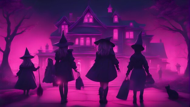 Silhouettes of witches in front of a haunted house halloween background