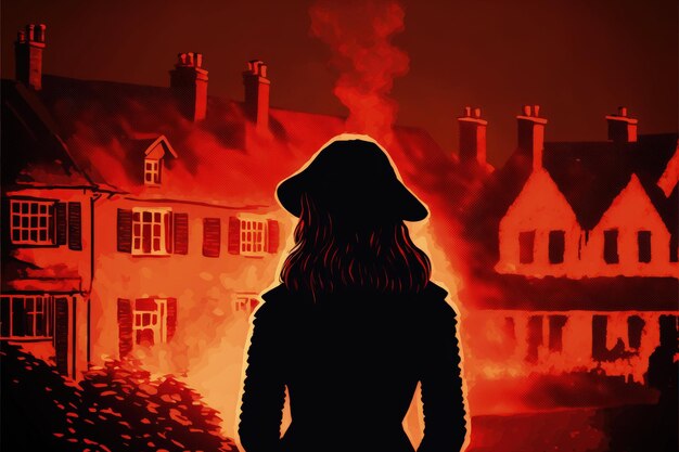 Silhouettes of a woman against a backdrop of a burning village Fantasy concept Illustration painting Generative AI