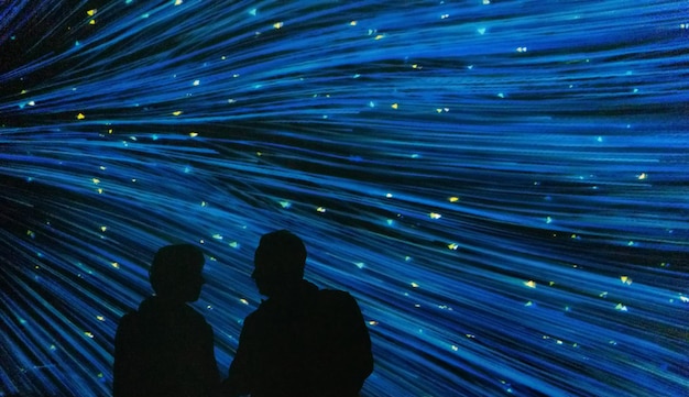 Silhouettes of a woman and a man on a milky way background