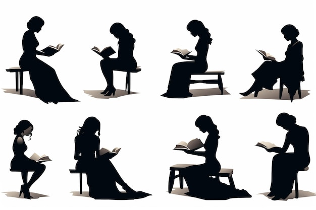 Photo silhouettes of a woman reading a book while sitting on a chair generative ai