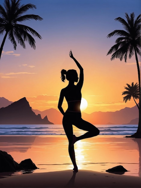 Photo silhouettes of woman do yoga at sunset scenery