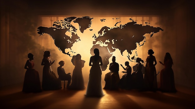 Foto silhouette di donne davanti a una mappa del mondo che rappresentano società e culture diverse