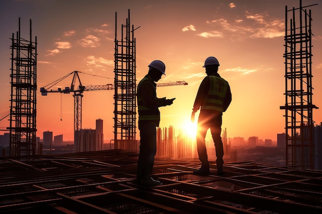 Silhouettes of workers on construction site at sunset time Generative AI