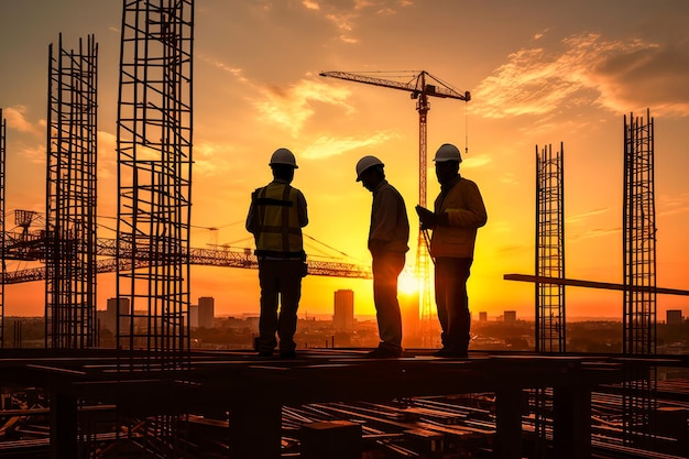 Silhouettes of workers on construction site at sunset time Generative AI