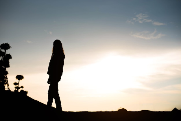 Silhouetvrouw voor een zonsondergang