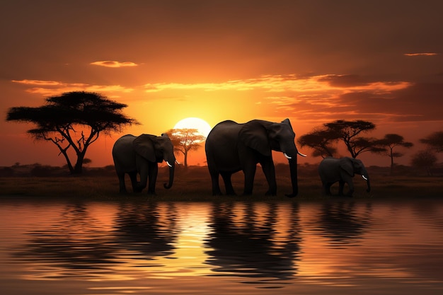 silhoutte elephants at sunset on savana world animal day