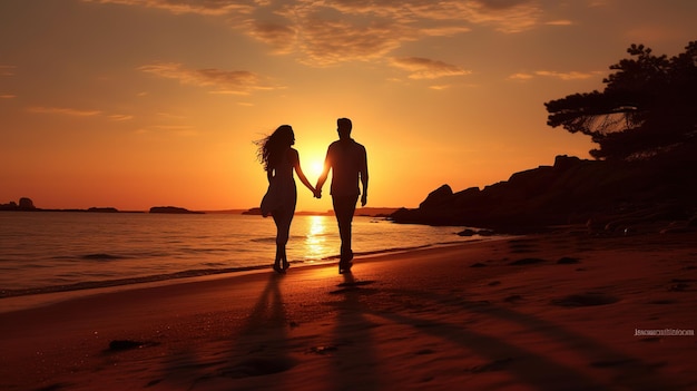 silhoutte happy couple on beach at sunset