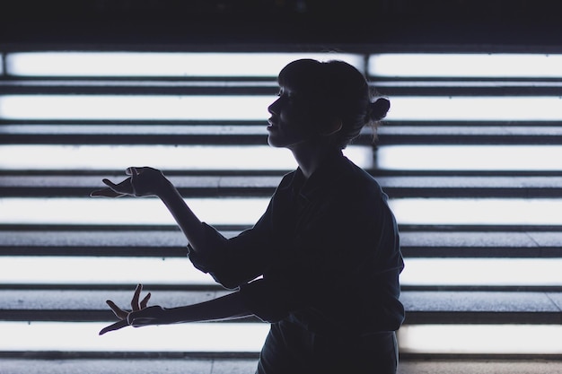 Photo silhoutte rear view of woman looking through window and posing vogue fashion